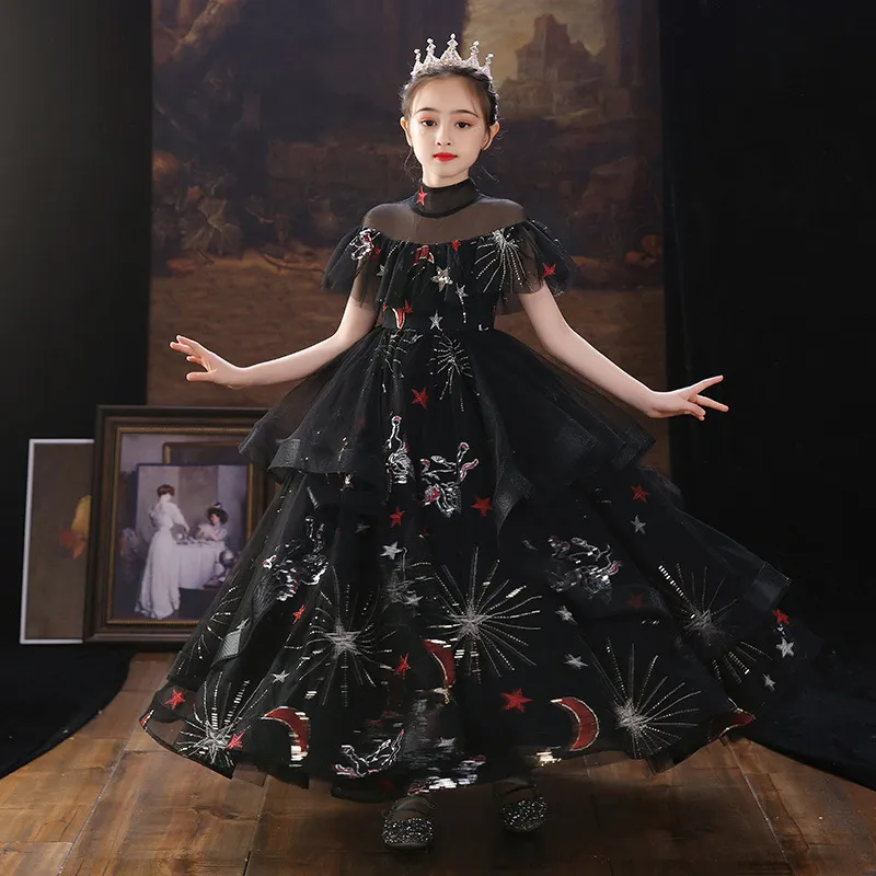 Shiny Black Flower Girl For Wedding Long Sleeve Floral Appliques