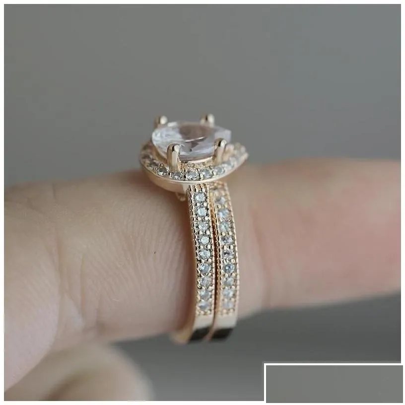 Band Rings Fashion Rose Gold Plated Design 2Pcs Cz Women Engagement Wedding Ring Set Drop Delivery Jewelry Dhdzs