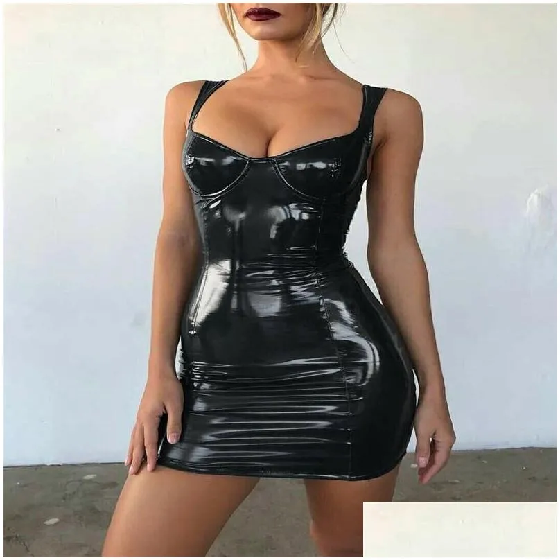 Grundläggande casual klänningar mode smala solida kvinnor sexig dirndl latex faux läder bodycon fest cocktail mini klänning sommarkläder droppe dh6ez