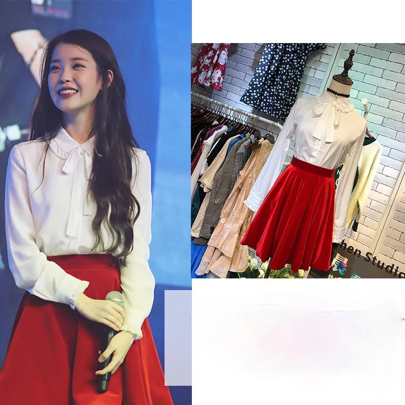 Zweiteiliger Kleid Kpop iu Lee ji eun weiß losen Bogenknoten -Strickjacken Schnürhemd Hemd Bluse Topsred sexy hohe Taille Aline Rock Frauen Twopiece Sets 230817