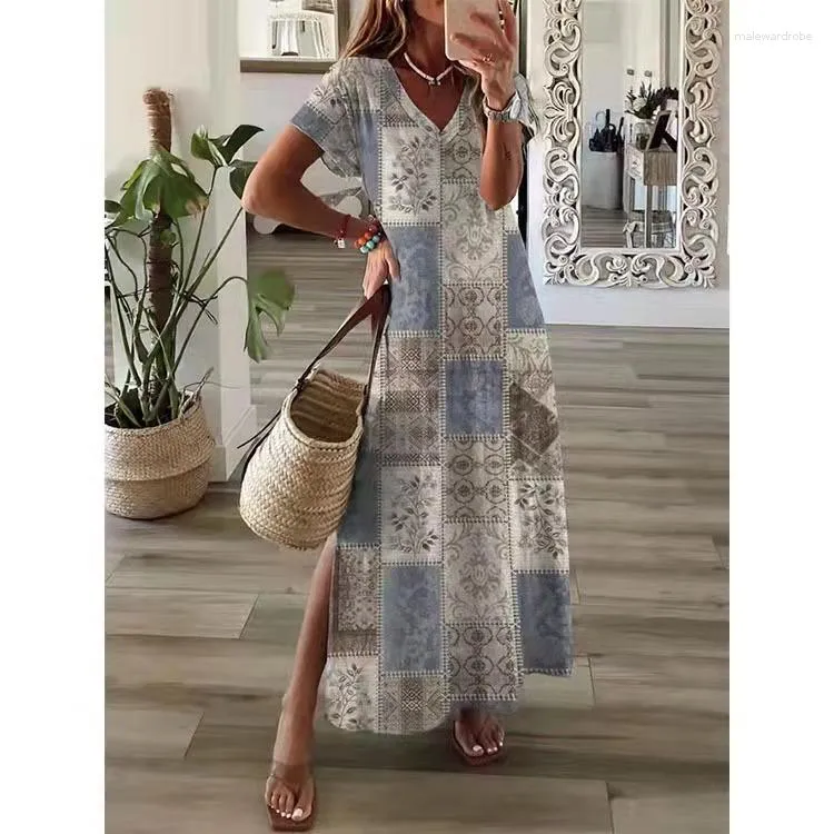 T-shirts de femmes Spaghetti Spaghetti Longue robe Femme Summer Floral V Neck Hollow Out Boho Maxi Robes Casual Beach Party Party Vestidos