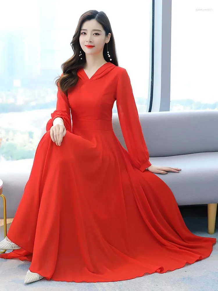 Chic Long Sleeve Chiffon Maxi Dress For Women White, Blue, And Red