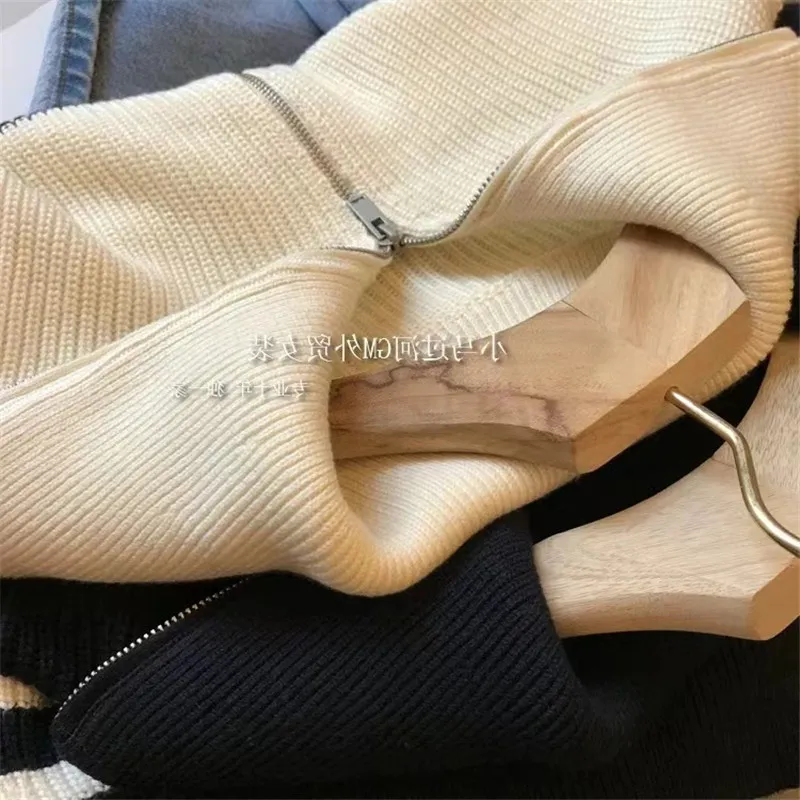 Pulls pour femmes Pull à col roulé rayé à fermeture éclair en cachemire pour femmes Couleur contrastée Manches longues Pulls épais Automne_voghion.com