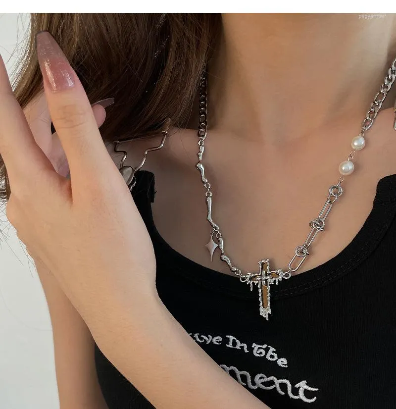 Cadenas Cabello de espejo de espejo con paneles de perla Hip Hop Hop Sweet Cool Cool Titanium Steel Girl Collarbone Chain