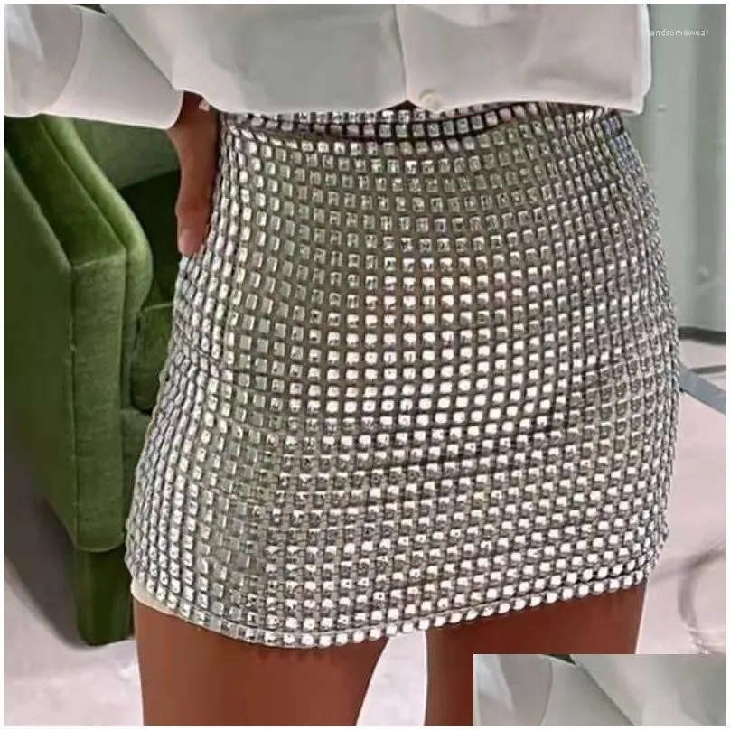 rhinestone mini skirts for women clothes sexy split see through hollow out shiny crystal diamonds solid skirts