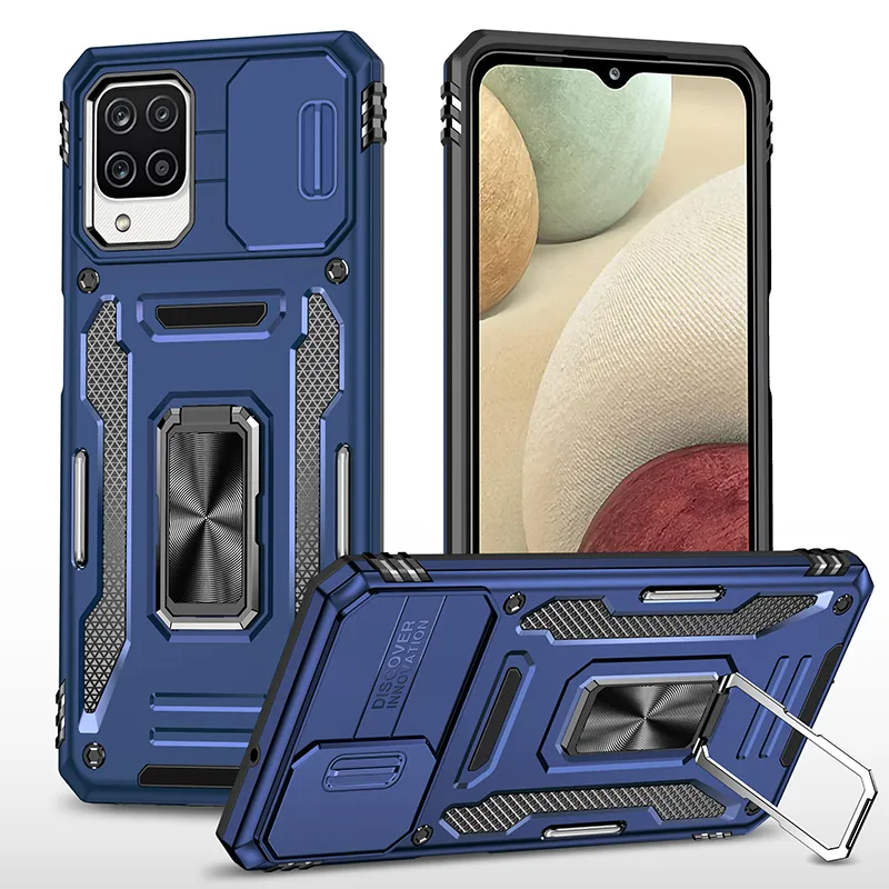 Capa de telefone móvel para Samsung Galaxy A12 A42 A52 A72 M14 M13 M53 5G com suporte de anel Kickstand design de montagem em carro Slide Camera Lens Proteção à prova de choque