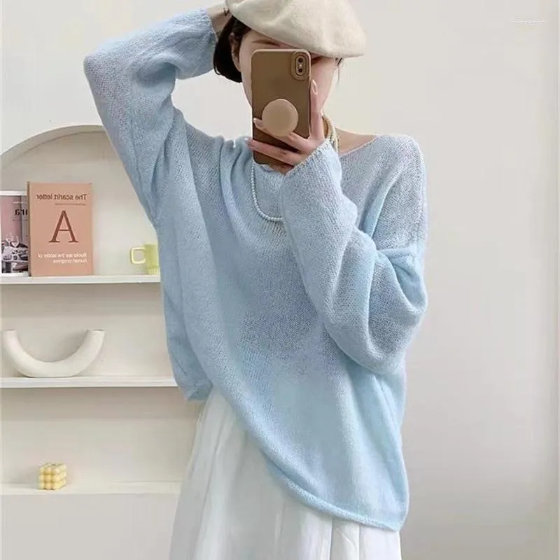 Women's Sweaters Girls Cute Sweet Loose Knitted Oversize Women Autumn Thin Hollow Out Knitwear Blue Purple Pullovers Ladies Knit Top