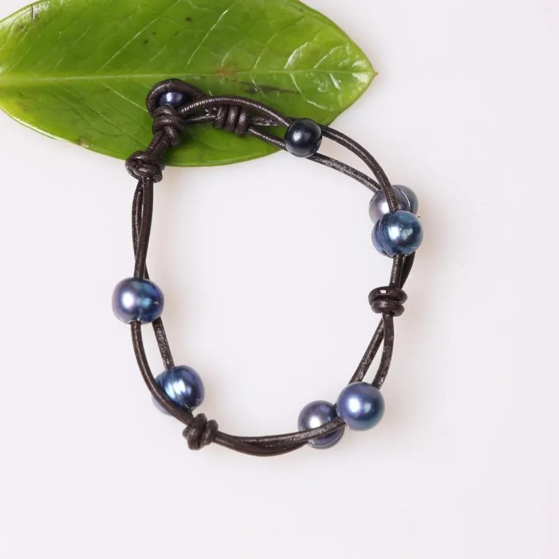 Strand Blue Pearl Bracelet Hand Made On Leather Cord Bangles FreshWater Black Cowhide Rope Bracelets