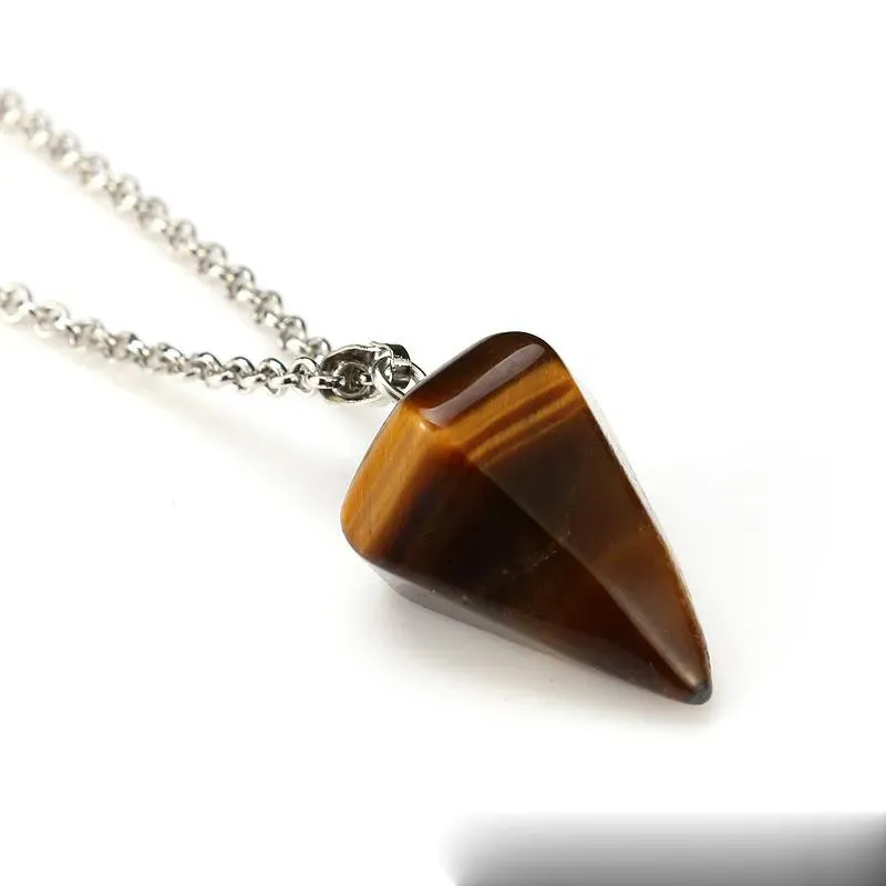 Natural Gemstone Pendant Necklace Crystal Healing Chakra Reiki Silver Stone Hexagonal Prisme Cone Pendulum Charm Necklaces