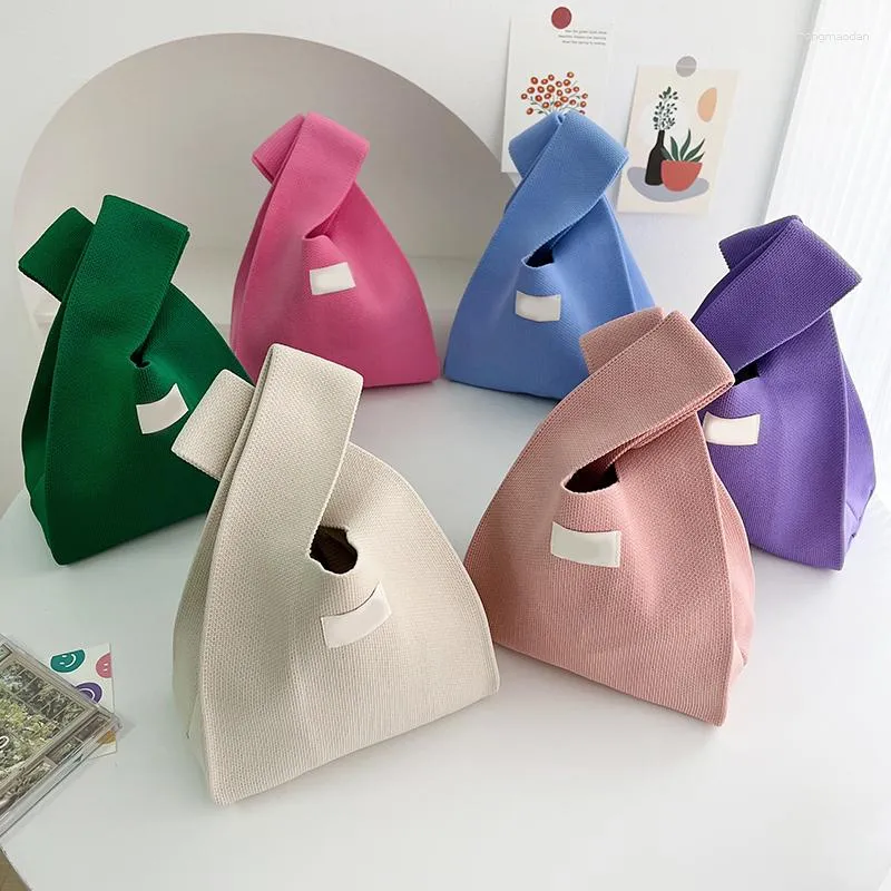 Aufbewahrungstaschen Stricken Sie Handtasche tragbare einfarbige Einkaufstasche japanischer Stil Freizeiteinkäufe wiederverwendbarer Eimer für Frauen Geschenk