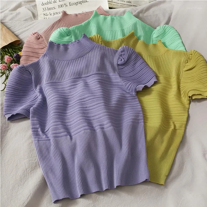 Women's Sweaters Half Turtleneck Knitted Thin Sweater Tops Woman Slim Short Puff Sleeve Solid Spring Pullovers Tee Female