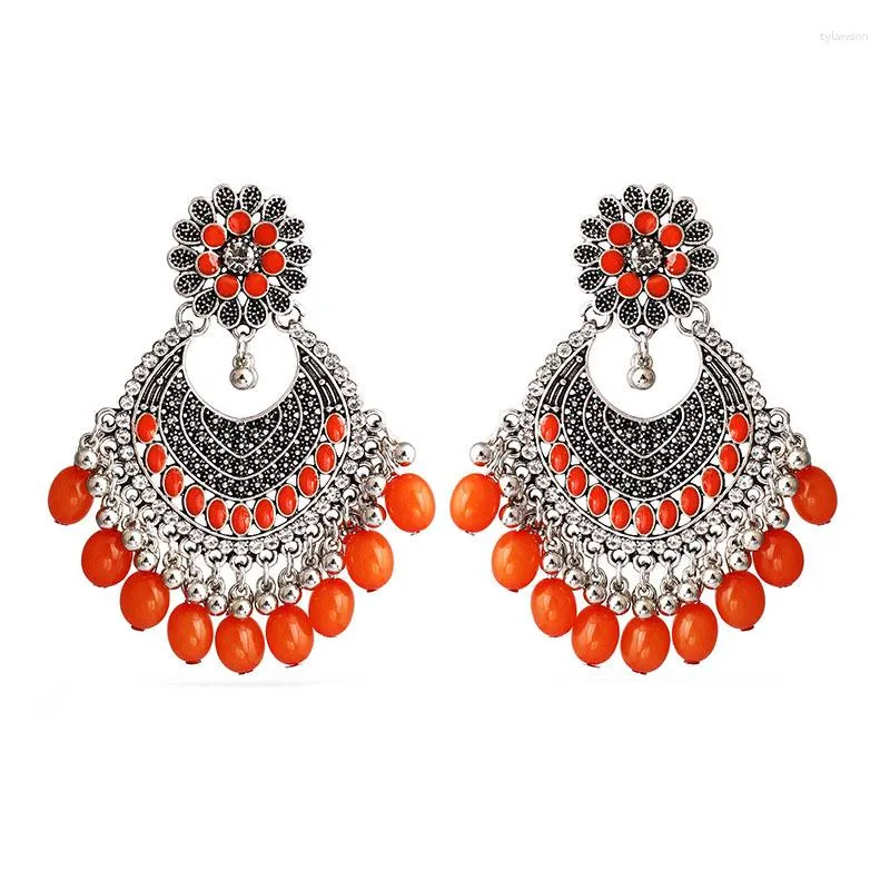 Dangle Earrings Ins Antique Silver Color Orange Beads Bridal Wedding Piercing Vintage Trendy Women Party Jewelry