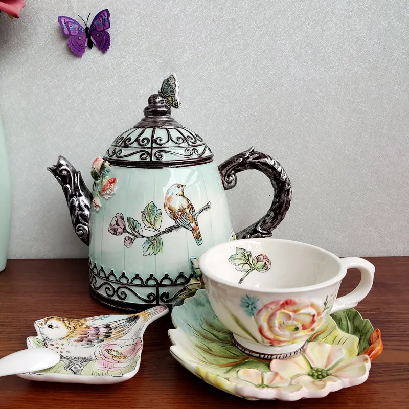 Kubki w stylu europejskim Kolor Ceramiczny Teapot Teapot Puchar Ptakowy Talerz Deser Talerz Domowa jadalnia