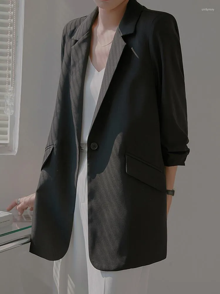 Women's Suits Fashion Blazer Notched Collar Single Button Three Quarter Sleeve Chiffon White Suit Jackets Autumn 2023 17A9098