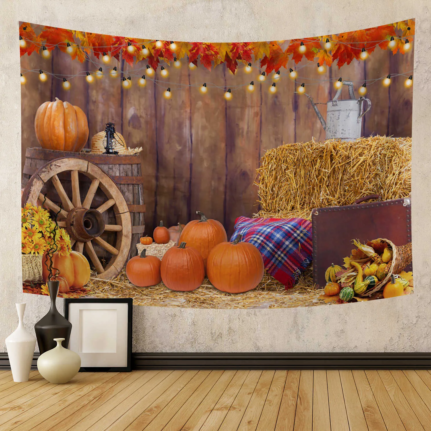 Tapisseries automne Thanksgiving tapisserie rustique grange en bois automne citrouille de citrouille de servie