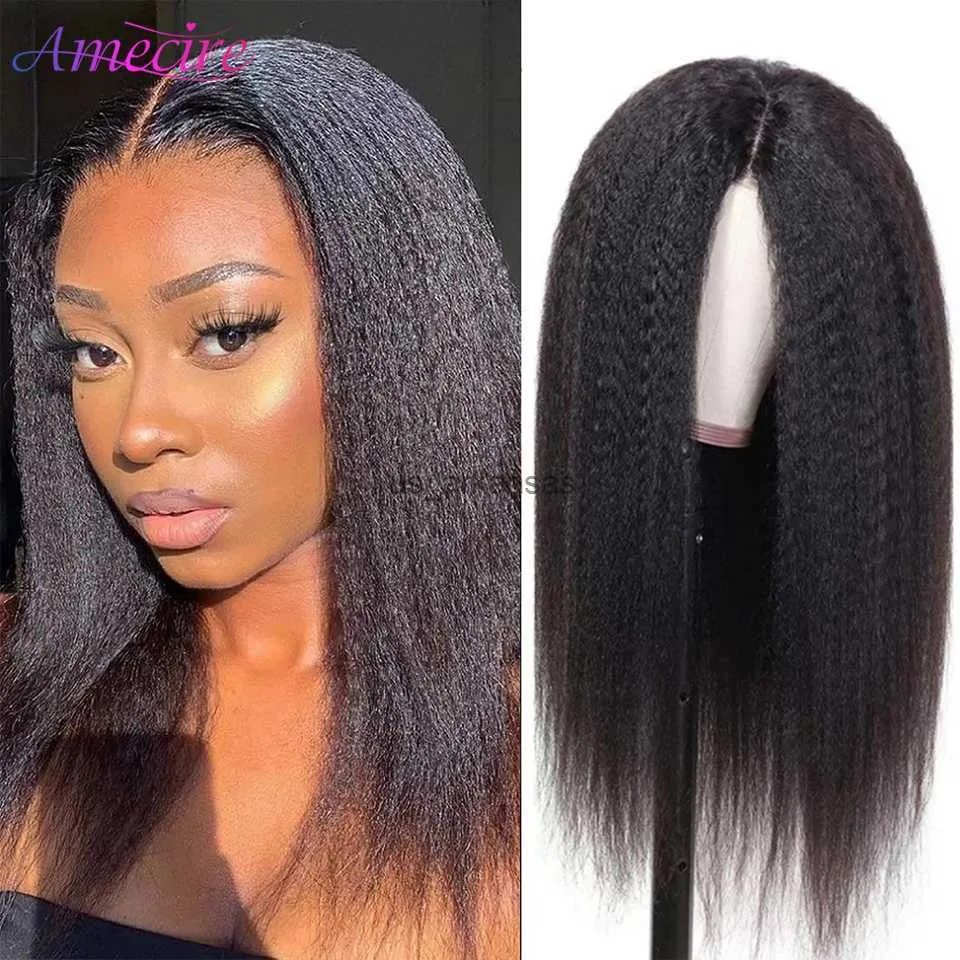 Synthetic Wigs Kinky Straight Synthetic Wigs For Black Women Yaki Straight Short Machine Made Wig Ombre Burgundy Blond Brown Afro Wig HKD230818