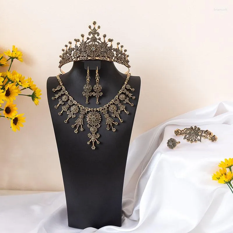 Necklace Earrings Set Bronze Plating Macedonian Wedding Dress Jewelry Handmade Rhinestone Crown Bracelet Ring 5pcs/Set Bridal Bijoux