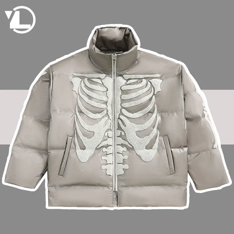 Herren Down Parkas Hip Hop Skelett PU Parkas Männer High Street