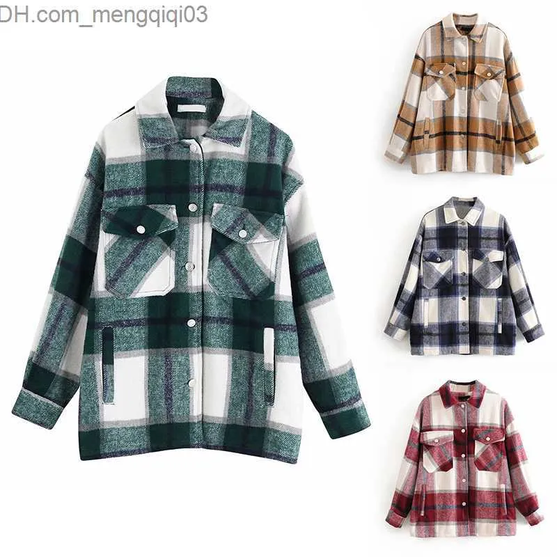 Vestes pour femmes Plaid Overshirt Laine Mélange Veste Vintage Poches Élégantes Mode Revers Col À Manches Longues Manteau Casual Dames Veste Chic Tops Z230818