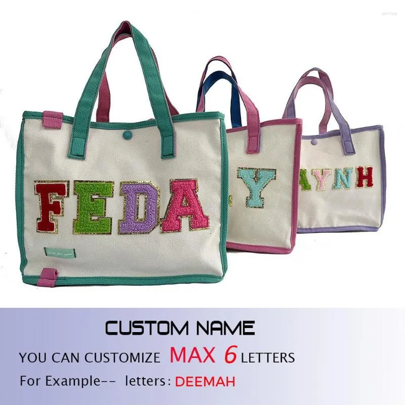 Personalized Chenille Embroidery Cotton Canvas Tote Bag--UP TO 6 LETTERS--Shopping Handbag Bag Top Button Closure Custom Name