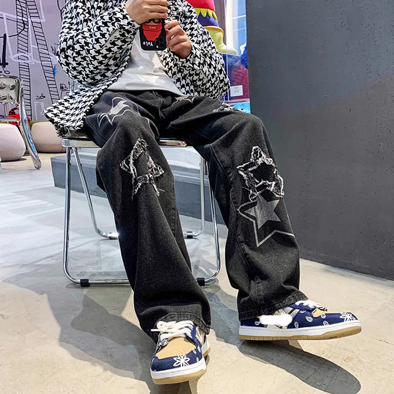 Vintage Korean Denim baggy pants with Printed Patchwork for
