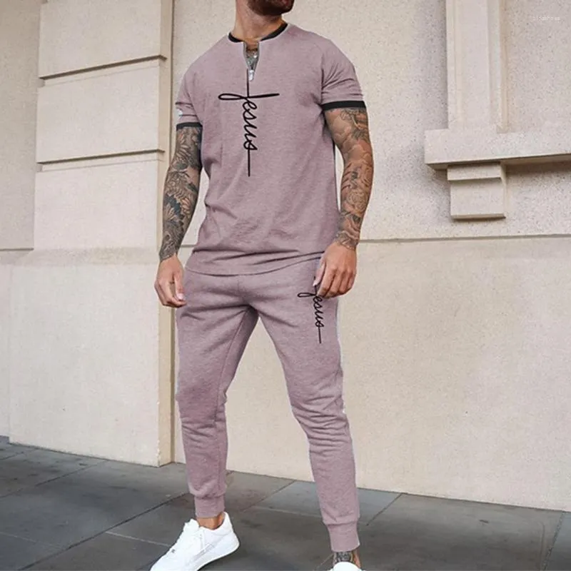 Men Sports Outfits Tracksuit Casual Solid T-Shirt & Pants 2 Piece