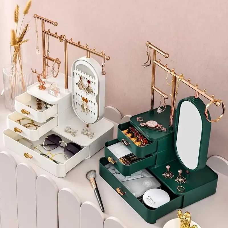 1 boîte de rangement de maquillage, boîte à bijoux exquise, rangement de miroir de maquillage de coiffeuse, support de collier de boucle d'oreille intégré, organiseur de bureau à tiroir de grande capacité