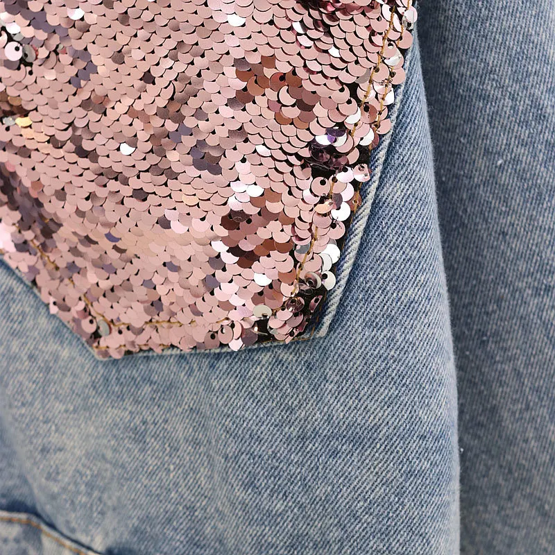 DHgate.com:Sequin Splice Denim Jacket | Hole Jean Short