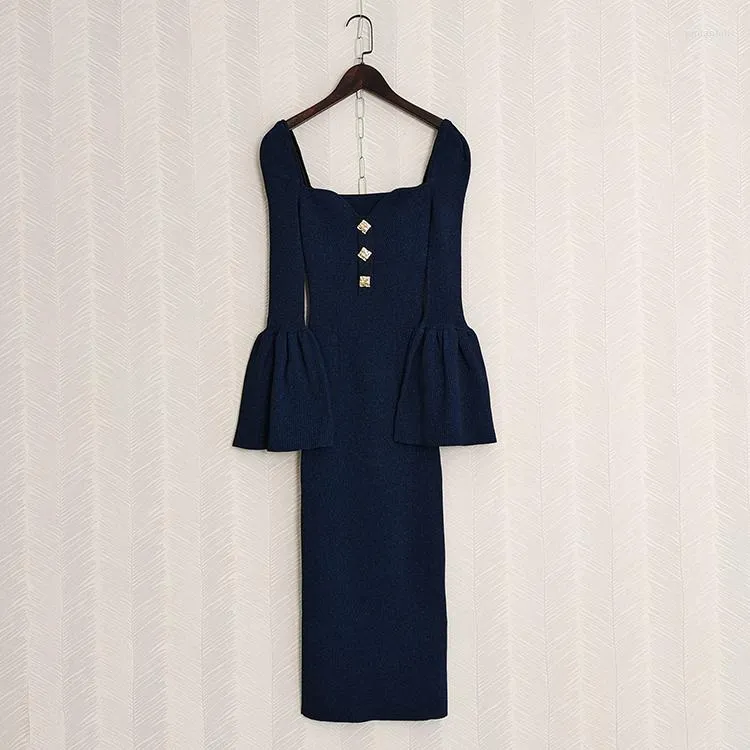 Casual Dresses Fashion Women Knitted Elastic Long Square Collar Flare Sleeve Navy Blue Slim Elegant Sheath Dress Clothes