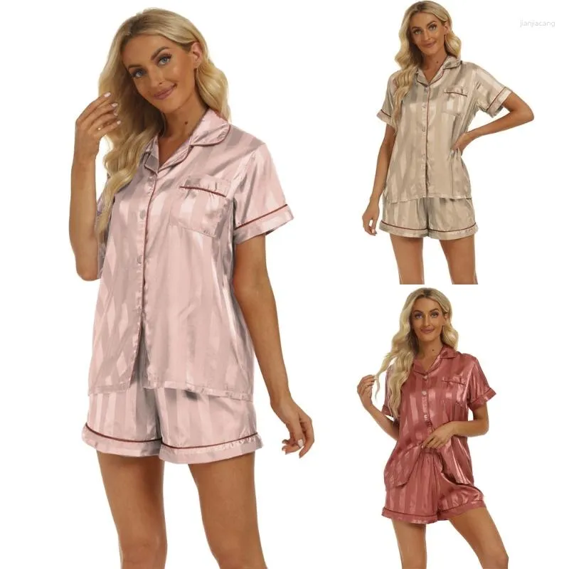 Women's Sleepwear Women Striped Satin Pajamas Set Short Sleeve Button Down Shirt And Shorts Lounge 2 Piece Outfits With Pocket