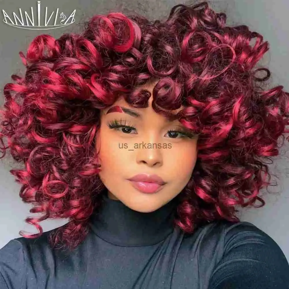 Synthetic Wigs Short Curly Wine Red Wig with Bangs Afro Kinky Curly Wig Bouncy Fluffy Synthetic Hair Wigs For Black Women Cosplay Party Wig HKD230818