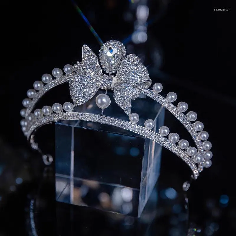 Hårklipp Bow Pearl Accessories Zircon Bride Korean Luxury Crown Wedding Dress