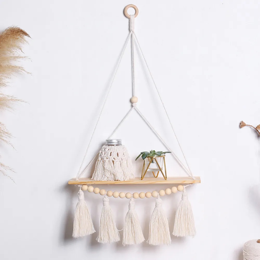 JOPSTDI - Estanterías Flotantes, Decoración De Pared De Recámara, Estante De Macramé, Instalación Sin Perforaciones, Hojas Decorativas Y Tira De Luz, Juego De 2 Estantes De Plantas.(Blanco