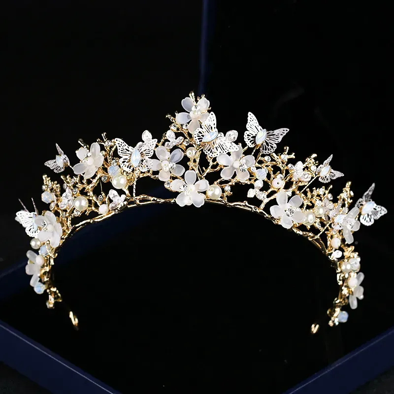 New Butterflies Flower Bride Headpieces Crystal Crown Gold Baroque Tiaras Wedding Accessories Jewelry Birthday Alloy Bridal Hair Pearls Headwear Canada 2022