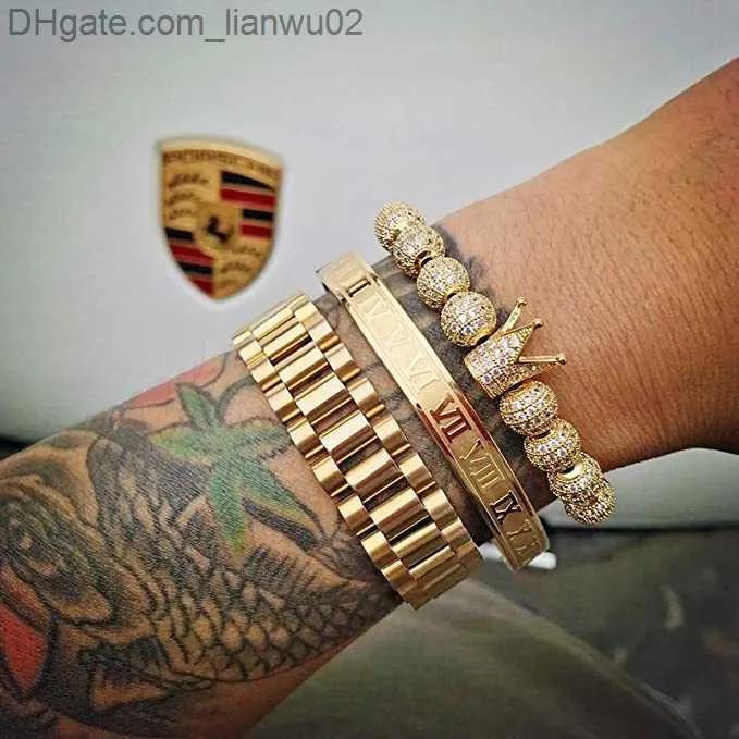 Bracelets de charme 3pcSset Imperial Crown King Mens Bracelet Pave CZ Gold Bracelets For Men Luxury Charm Fashion Cheppin Brangle Bijoux d'anniversaire Z230818