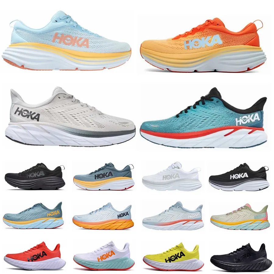 Hoka Shoes Bondi Running 운동화 Hokas Clifton 8 9 Carben X2 Kawana 스포츠 러너 흡수 충격 클라우드 메쉬 진단 트레이너 디자이너 신발