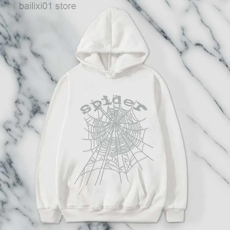 Hoodies للنساء من النوع الثقيل للنساء Rhinestone Spider طباعة كبيرة الحجم الصلبة طويلة الأكمام إسقاط الكتف Pullover الشارع القوطية الشرير للجنسين T230817