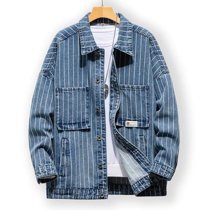 Men's Jackets Stripes Men Denim Jacket Blue Casual Loose Simple Personality High Quality Brand Male Clothing Cowboy Jeans Coat Plus Size 5xl 230817