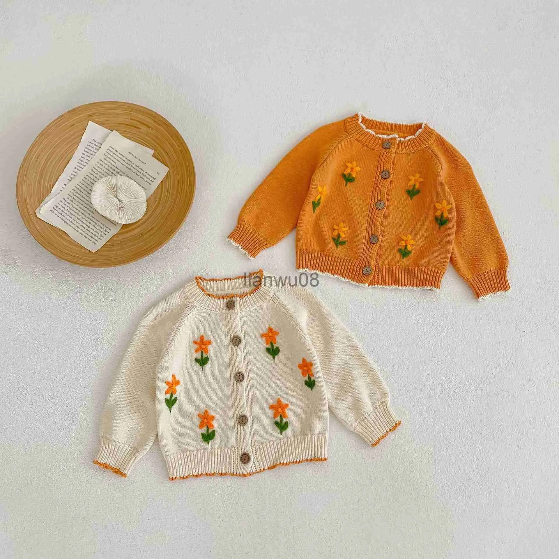 Pull Automne Fille Bébé Manteau Broderie Fleur Chandail Tricoté Coton À Manches Longues Cardigan chandails x0818