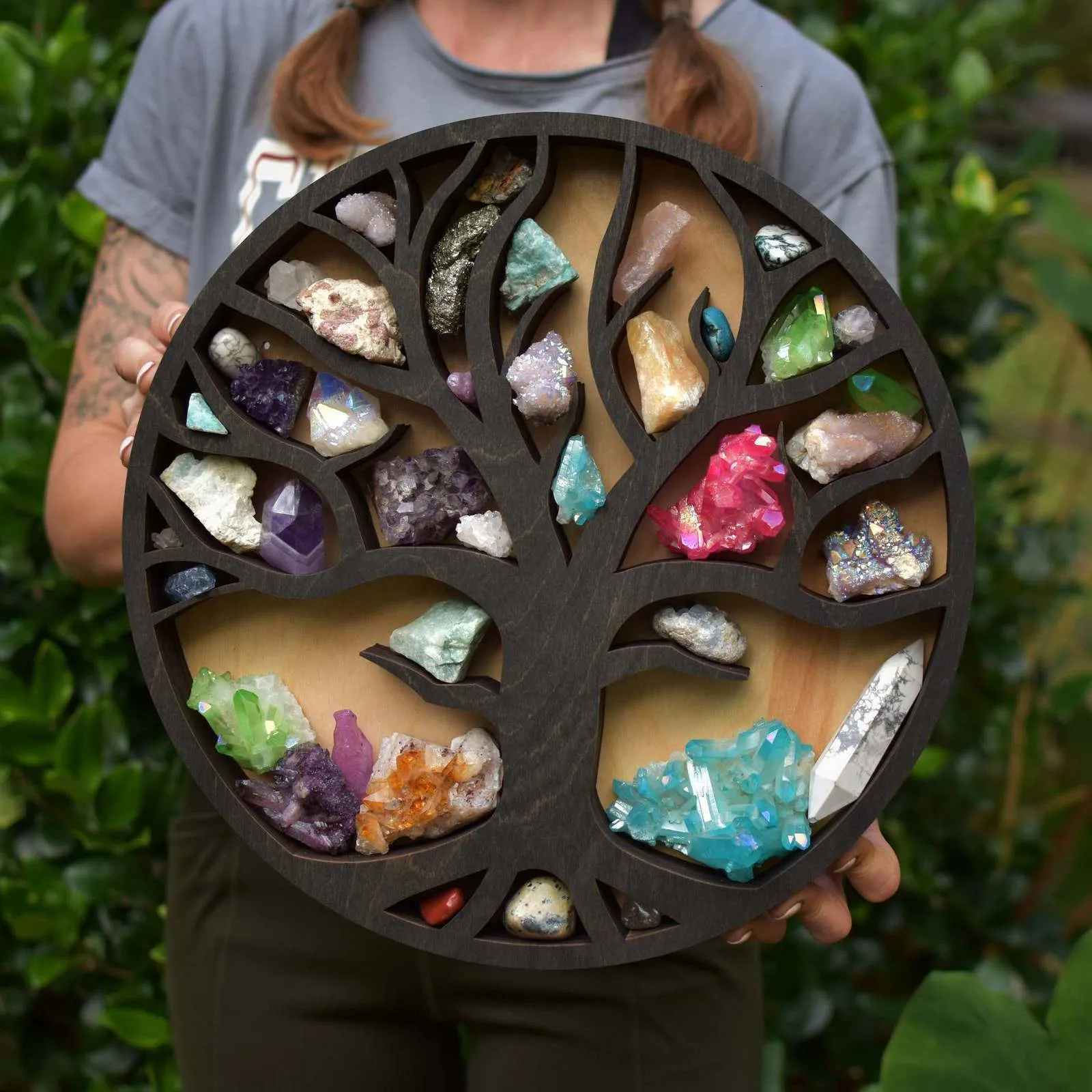 Artículos novedosos Pantalla de piedra de cristal Ratriz de árbol de la vida Grande del estante de cristal para estantes de la pared de la oficina en casa Soporte de cristal para piedras 230817