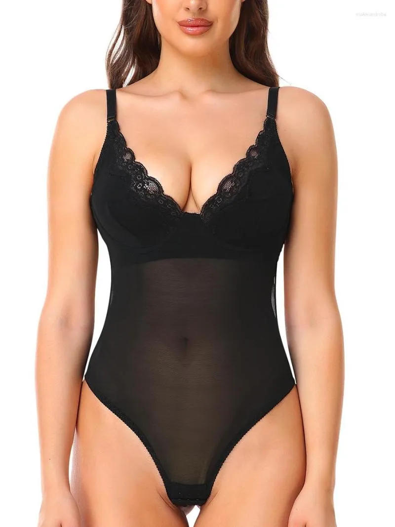 Womens Tummy Control Plunge Thong Shapewear Bodysuit With Built In