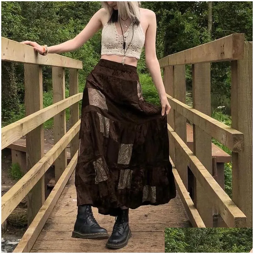Skirts Printed Boho Retro Cute Party Long Kawaii Holiday Brown Pleated Women Elegant Y2K For Drop Delivery Apparel Womens Clothing Dhua5