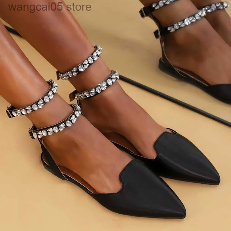 Buty sukienne Funky Rhinestone Flat Sandals Women Summer 2023 Wskazane palce Sandały Sandały Kobieta plus rozmiar 42 paski na kostki Buty imprezowe Flats T230818