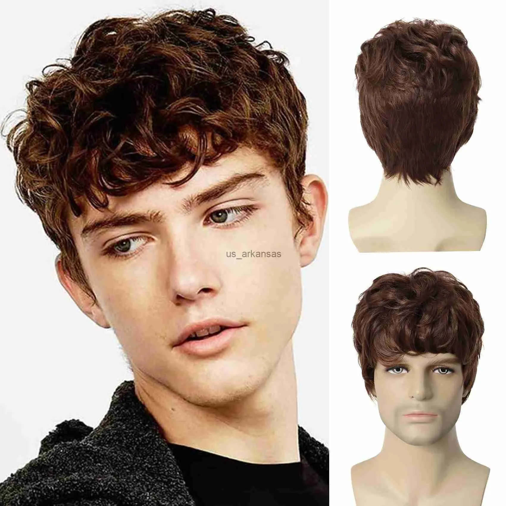 Synthetic Wigs GNIMEGIL Synthetic Wigs for Men Short Brown Wig Curly Hair for Man Guy Natural Wig Curly Korean Hairstyles Brunette Boy Wigs HKD230818