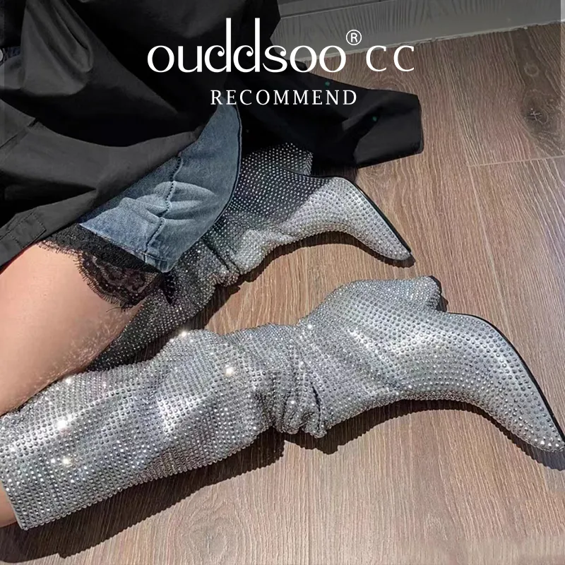 Сапоги ODS Sexy Brand Luxury Bling Silver Crystal колена High Y Womens Designer Stacked Cowboy Glitter Shoes 414243 230817
