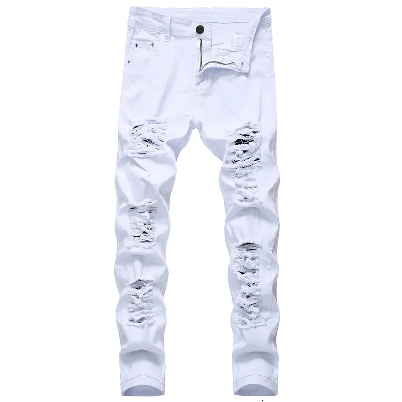 Erkek kot beyaz moda hip hop yırtılmış sıska erkekler denim pantolonlar ince fit streç sıkıntılı fermuarlı jean pantolon yüksek kalite 230817