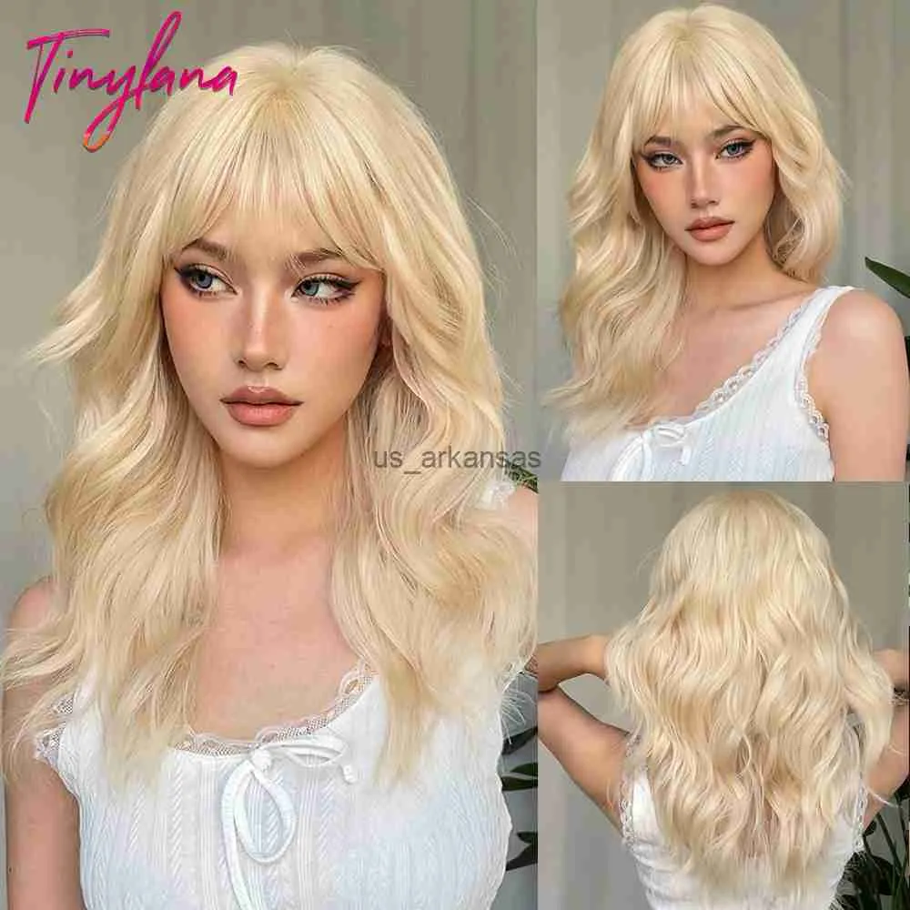 Synthetic Wigs Light Blonde Yellow Synthetic Wig with Bangs Lolita Cosplay Mid-Length Curly Wave Wigs for White Women Natural Heat Resistant HKD230818