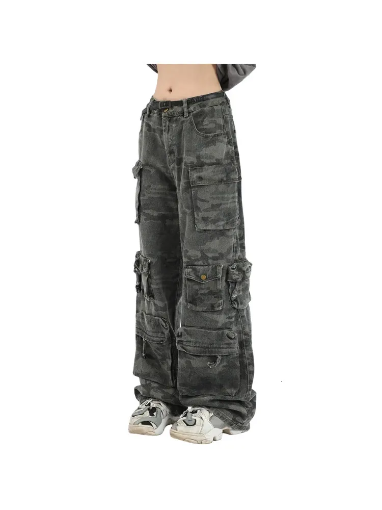 Kadınlar Jean American Vintage Kamuflaj Denim Kargo Pantolonu Bol çoklu geniş bacak kot pantolon y2k sokak kıyafetleri Grunge uzun pantolonlar kpop 230817