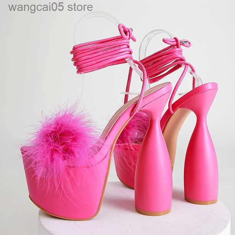 Summer Fluffy Fur Platform Chunky Pink Heeled Sandals For Women