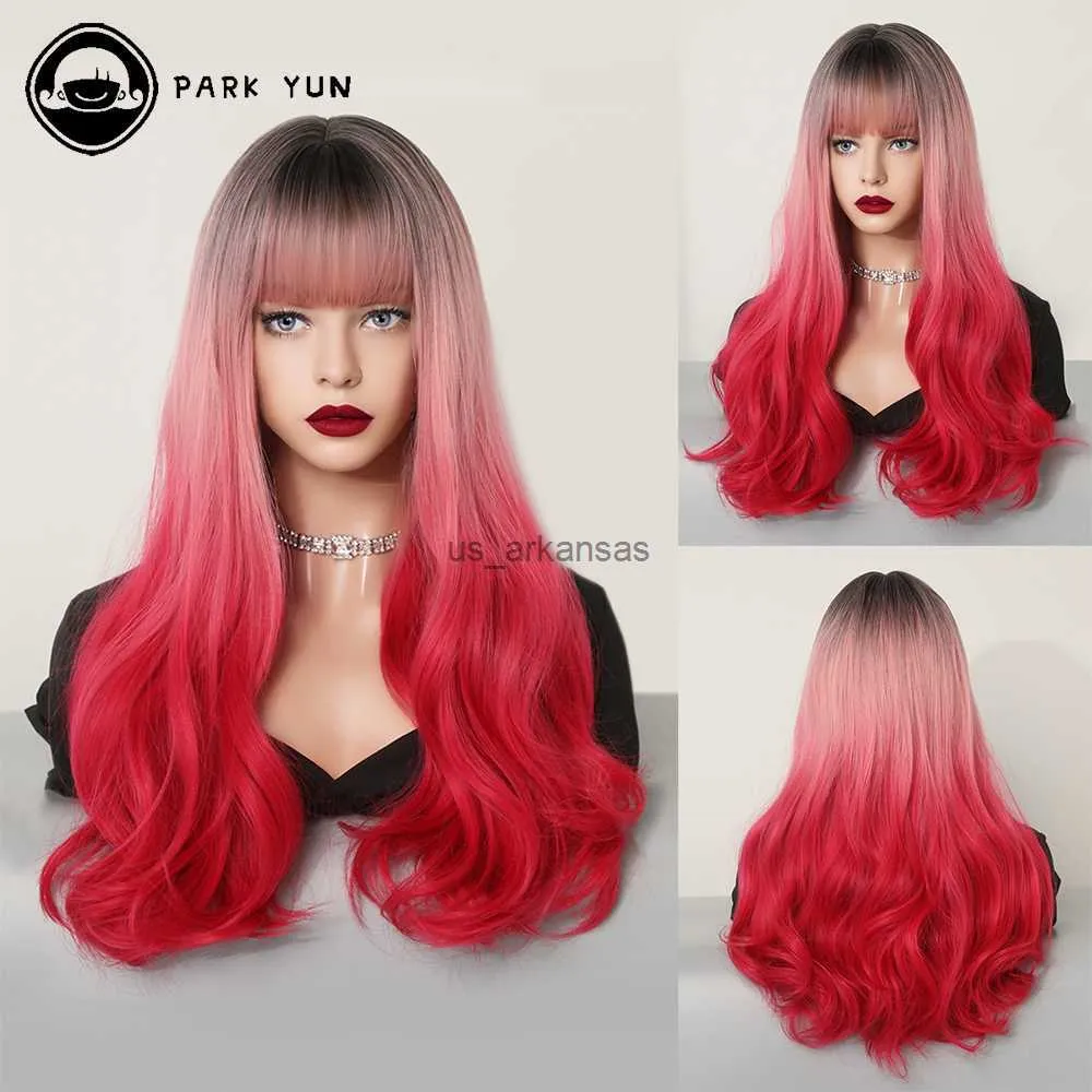 Synthetic Wigs Mermaid Red Long Curly Synthetic Wigs with Bangs Natural Hair Wigs for Women Cosplay Party Daily Lolita Heat Resistant HKD230818
